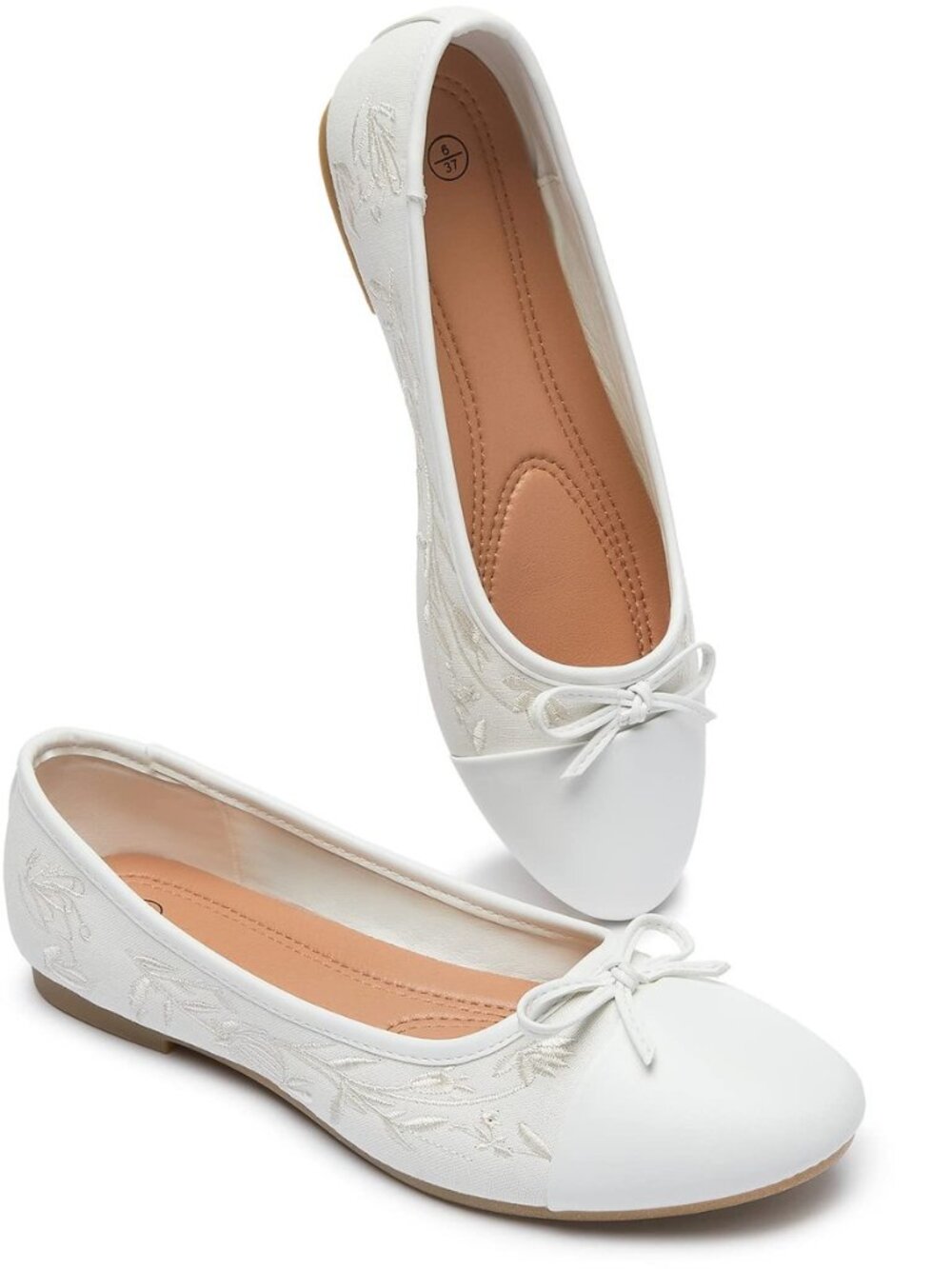 Womens Flats Shoes with Pomegranate Embroidery,White Flats with Bow,Comfortable